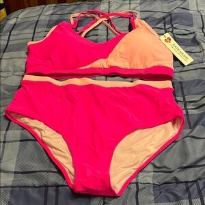 High Waisted Bikini Set Color Block Swimsuits 2 Piece Sporty Tummy Control XL